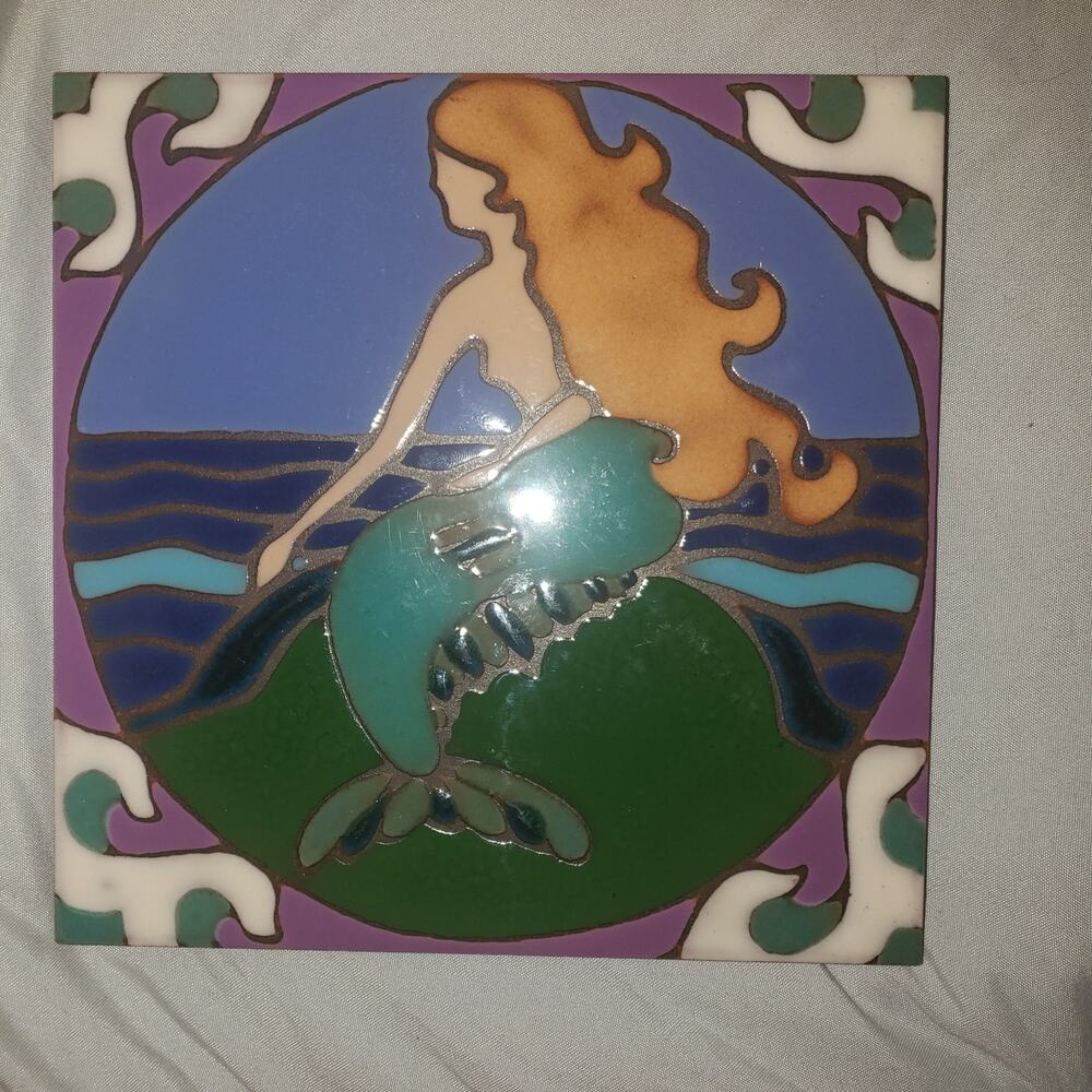 Pacific Blue Tile Vintage 6" Mermaid Trivet Hand Painted Ceramic Art Hot Plate